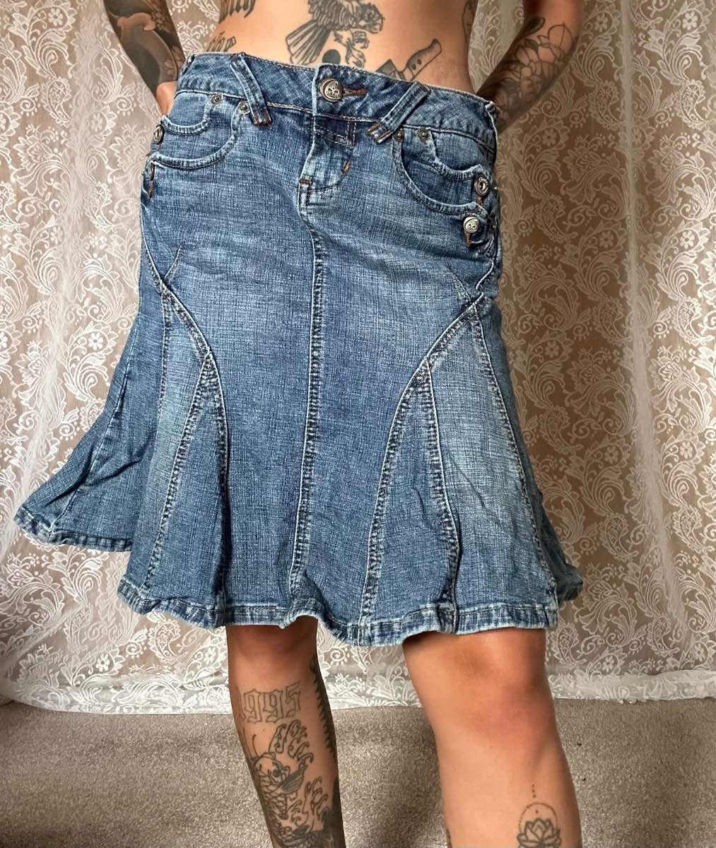 Y2k candies knee length flared denim skirt