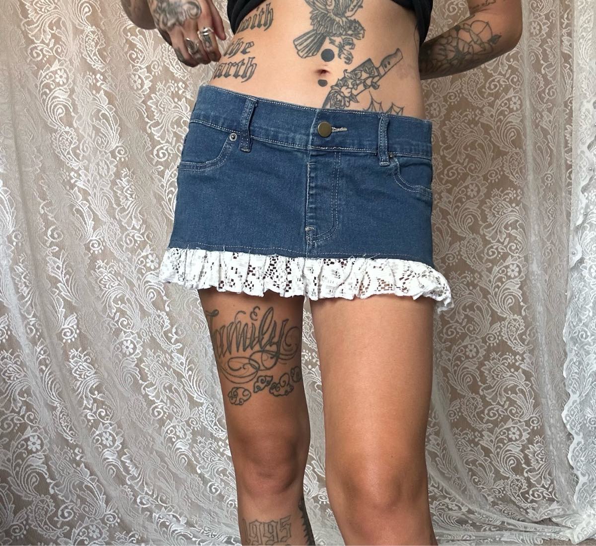 Just be lace reworked micro mini denim skirt