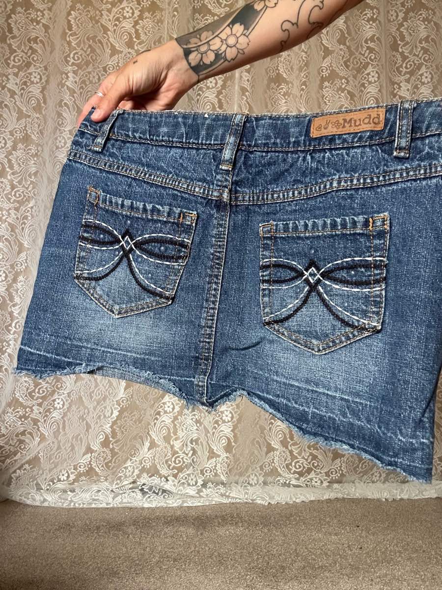 Y2k mudd hippy mini denim embroidered skirt