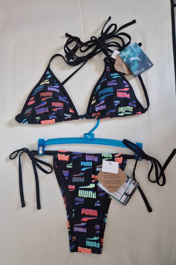 Puma Black Multi Logo Bikini Set UK 14 L BNWT