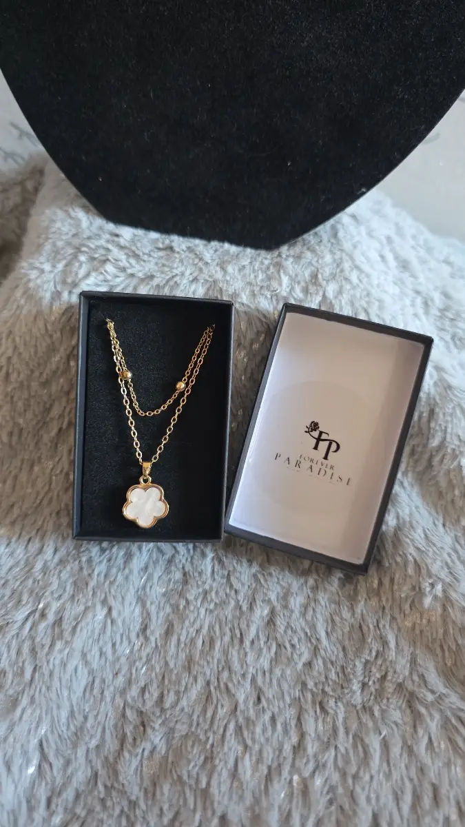 Layered Gold Bead & White Clover Pendant Necklace