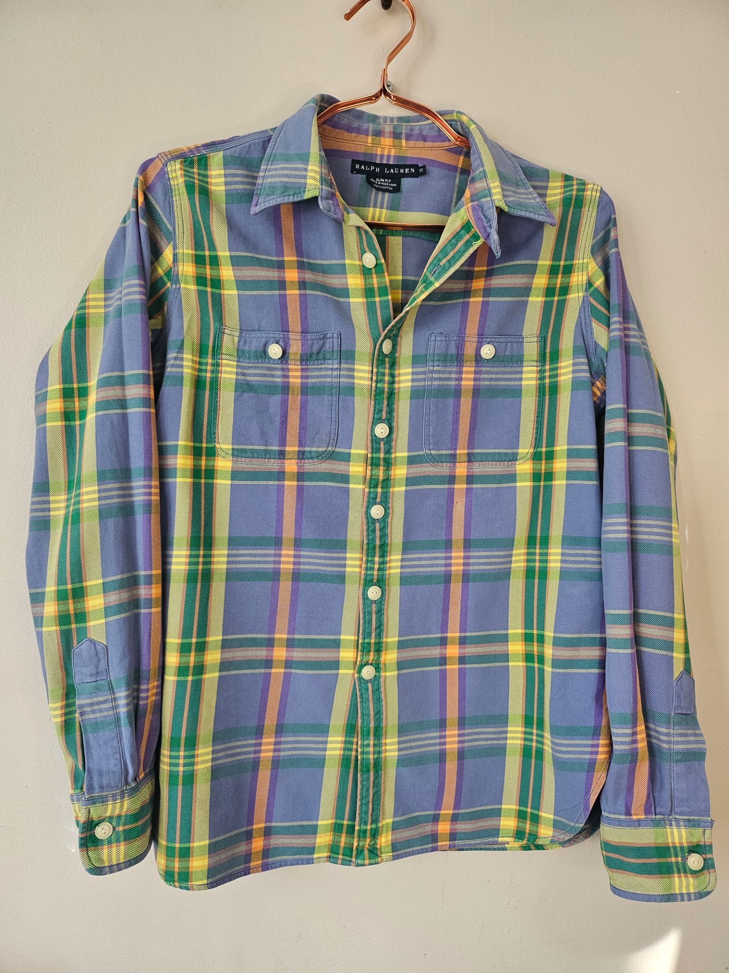 Vintage 90s Ralph Lauren cotton flannel plaid  shirt in blue yellow and green size UK 10