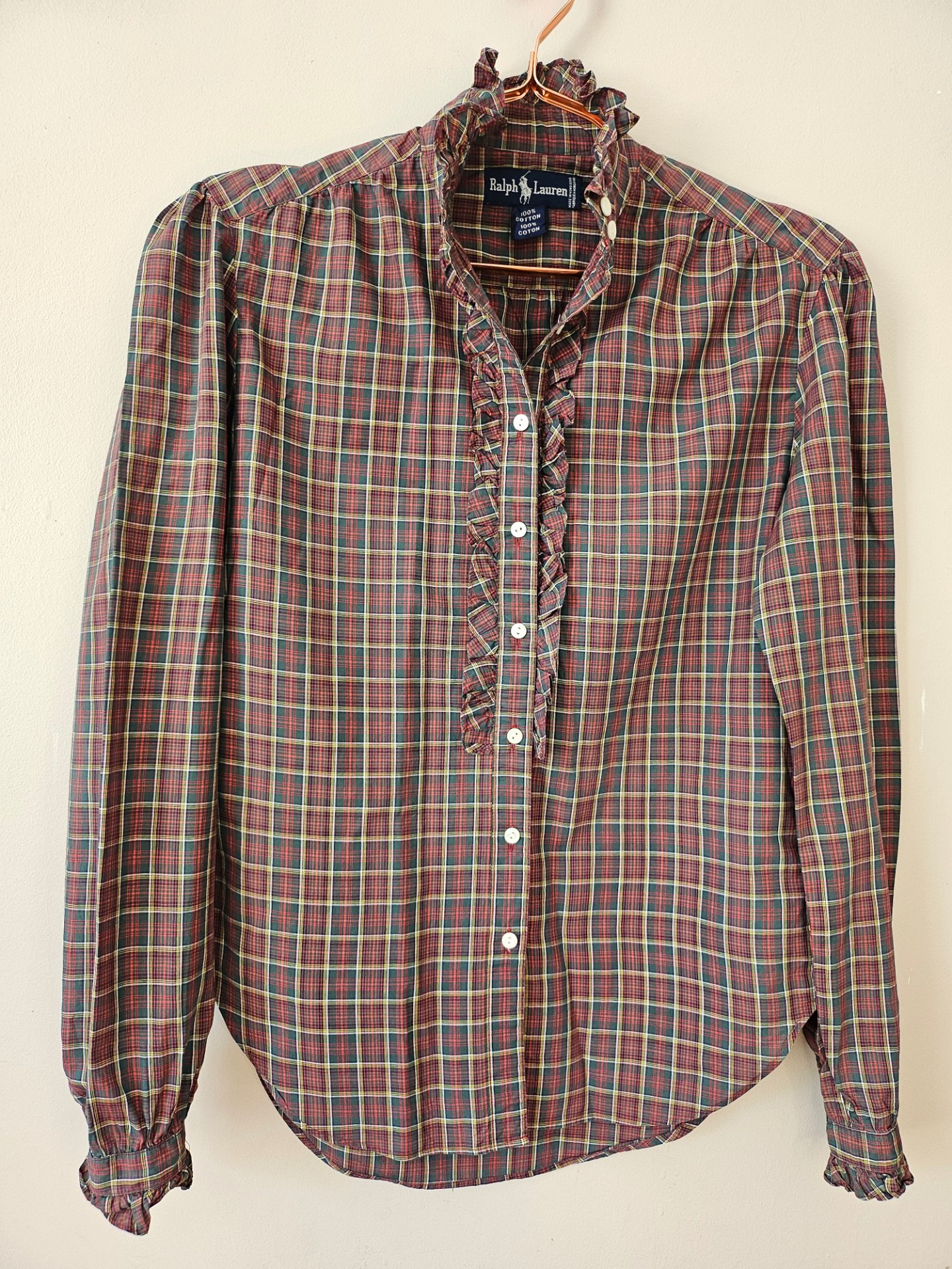 Ralph Lauren Vintage 80's prairie ruffle plaid cotton blouse US 4 UK 10