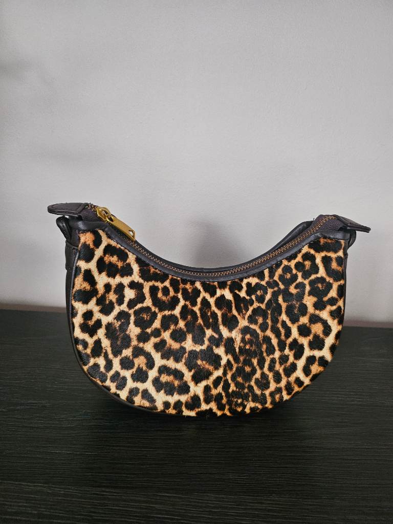 Brown Leather Half moon  bag with animal print horse hair