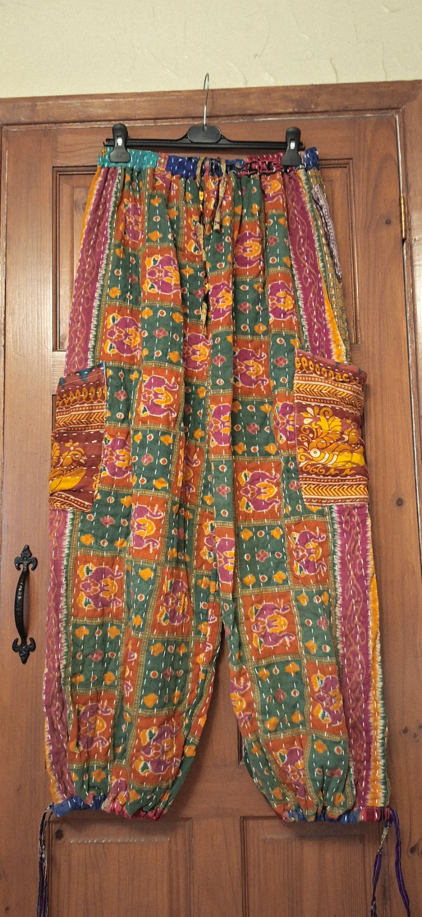 Blue/Orange M/c Reversible Kantha, Wide Leg Trousers/Harem Pants, Fit 14-20 aprx, W28"-38", Ins L26"