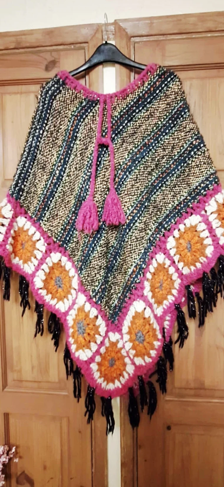 Green/Orange/Pink/Black w Tassles, Freesize/One Size Poncho w Drawstrings, Fit up to Size 18 aprx