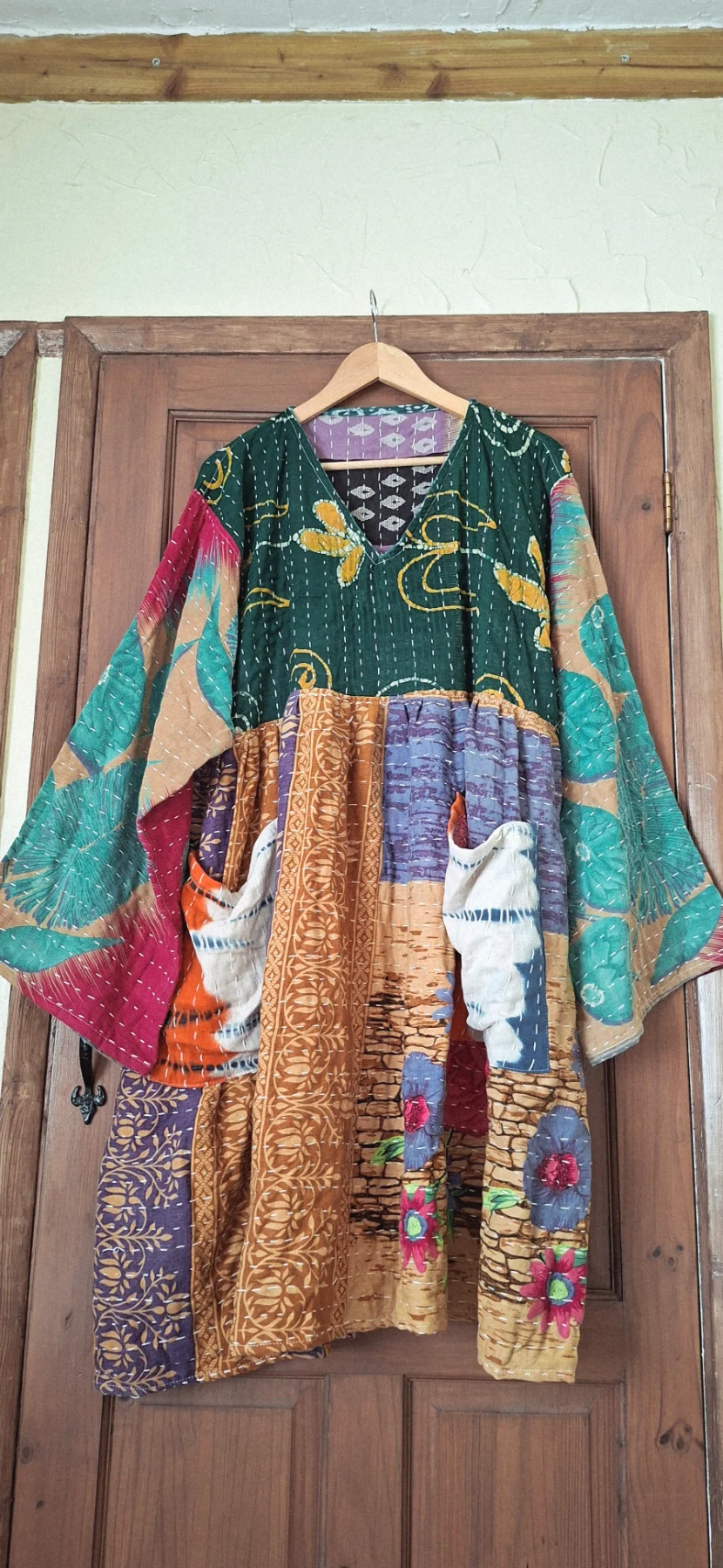 Dark Green/Yellow/Orangey Red Kantha Fabric Reversible V-Neck Smock Dress, Fit 18-24 aprx, Chest 50"