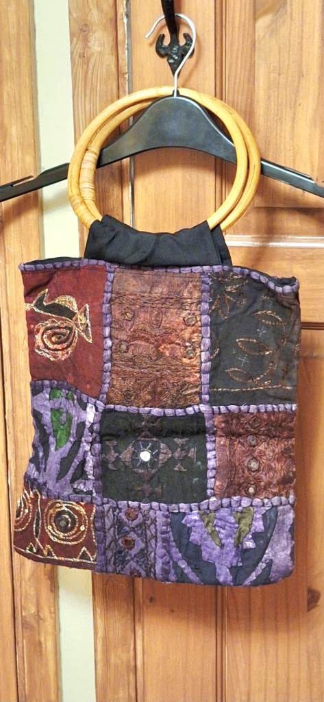 Purple/Black/Green Hippie Wooden Handle Jordache Handbag/Wristlet Bag, H12", W11", Never Used