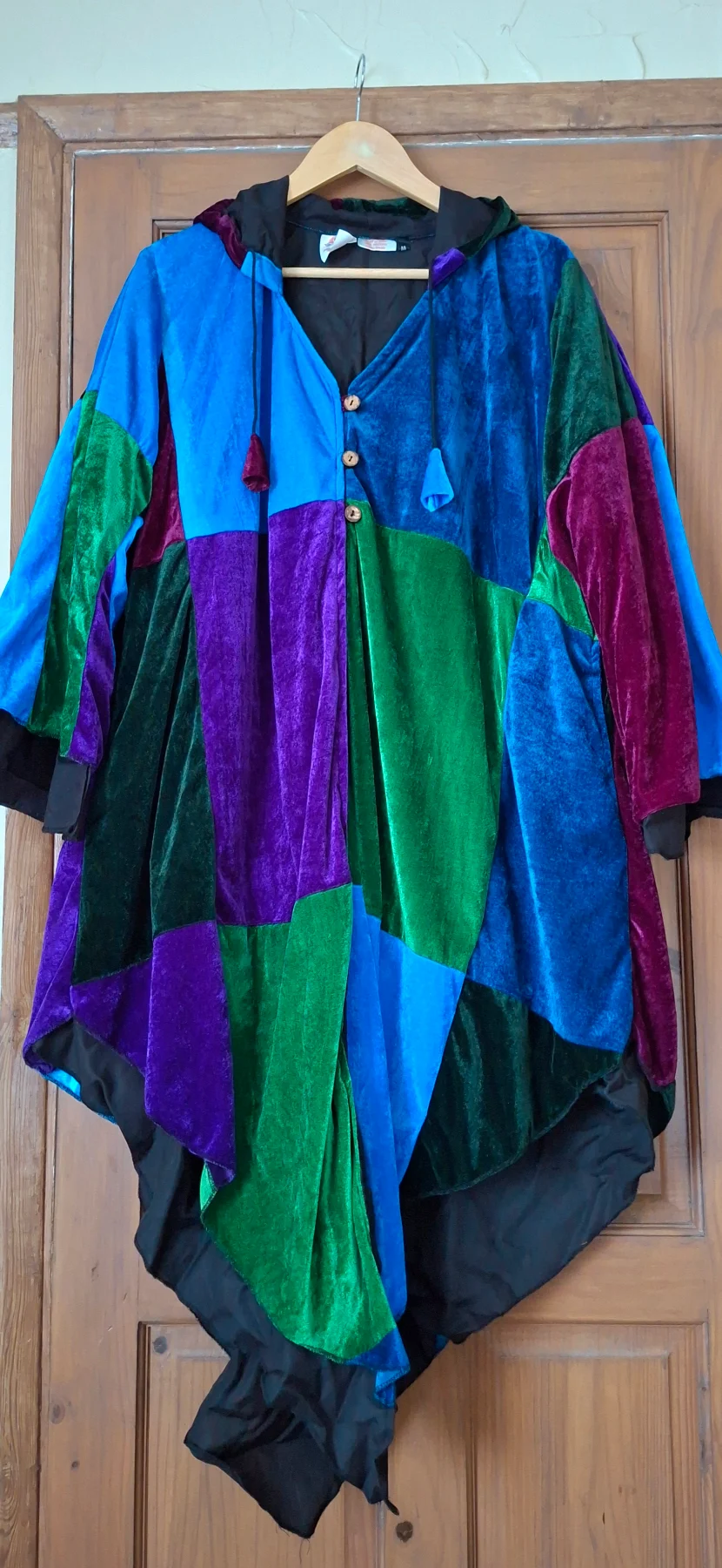 Burgundy/Green/Purple/M/c Pixie Hood Pointy Hem, Cape/Jacket, +Size, Fit 20-22, Chest 54", Hippie