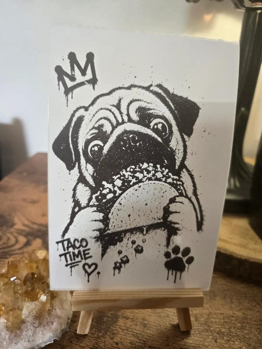 Pug Eating A Taco Street Art Style Sticker Original 6" X 4" Matte Sticker