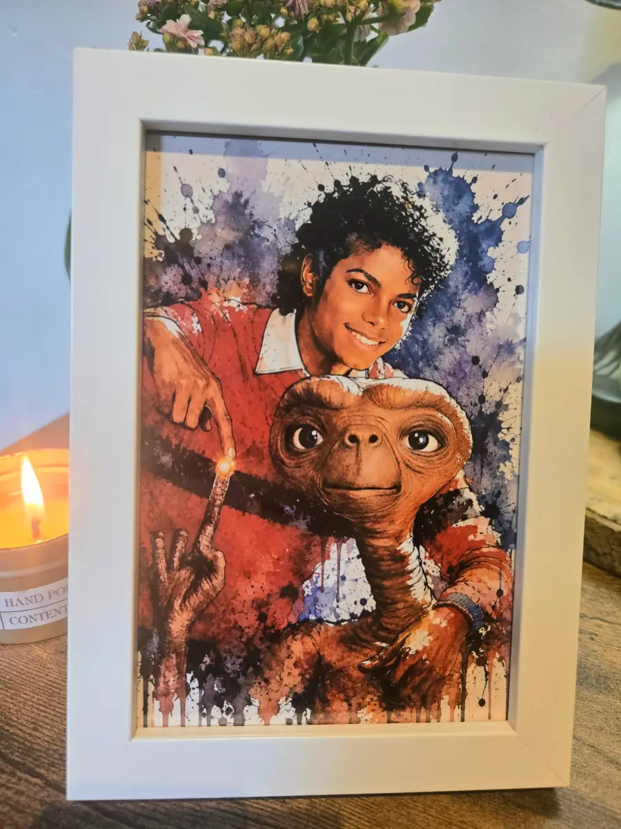 Michael Jackson and E.T Wooden Framed Piece - 6"x"4"