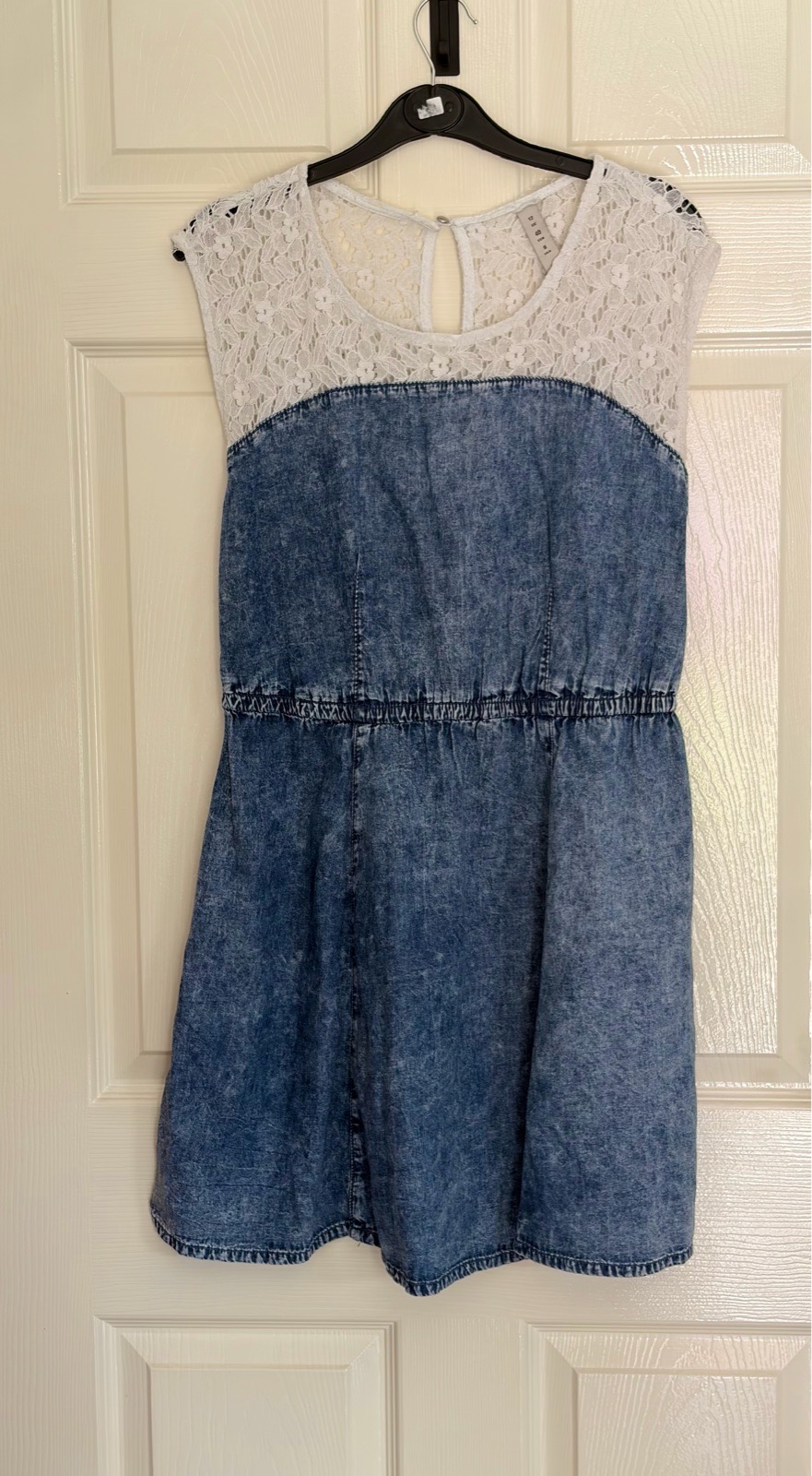 UK 12 Sleeveless Mini Dress Acid Wash White Lace Denim Co