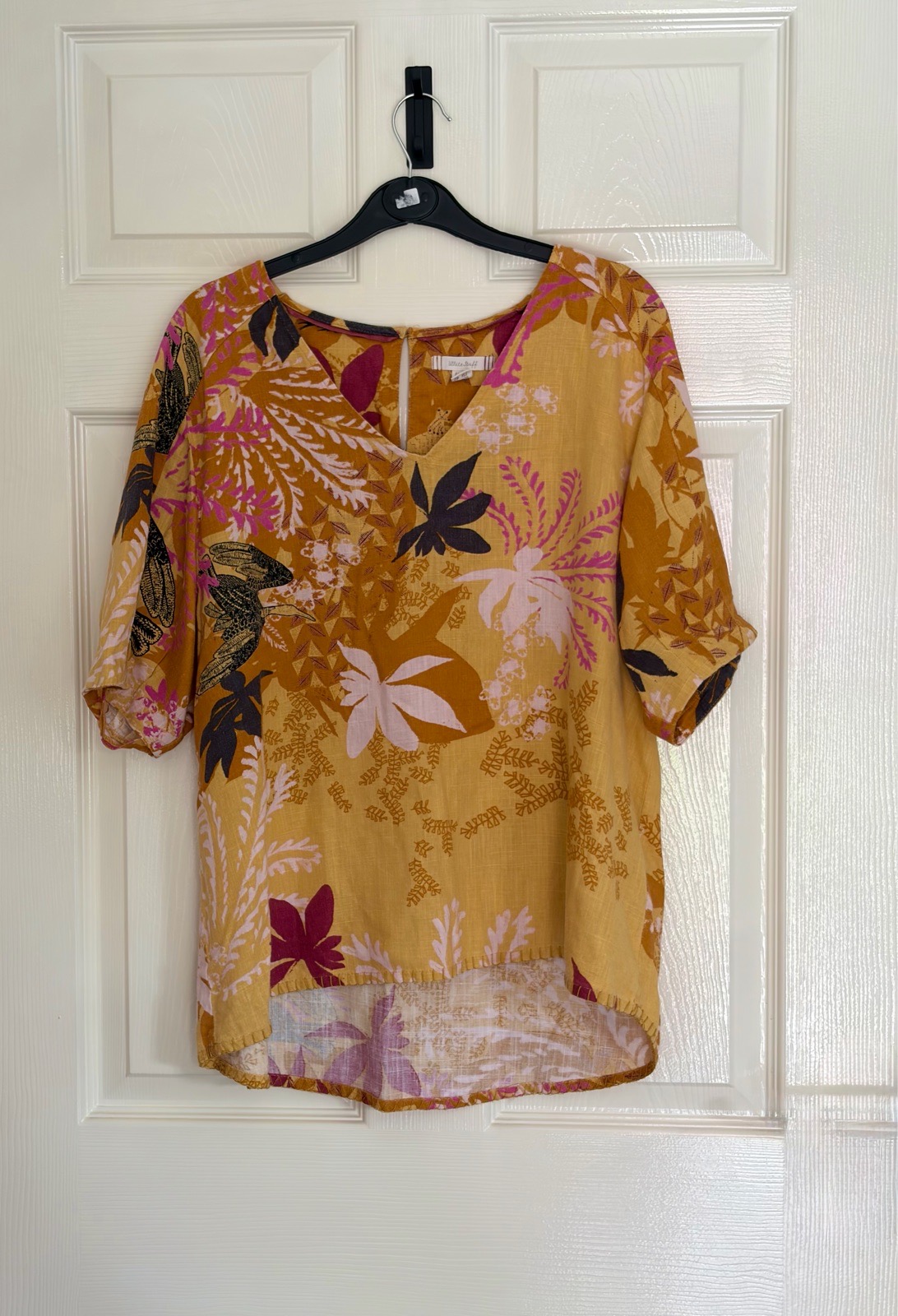 UK 12 Short Sleeve Top Botanical Leaf Print Mustard Yellow White Stuff