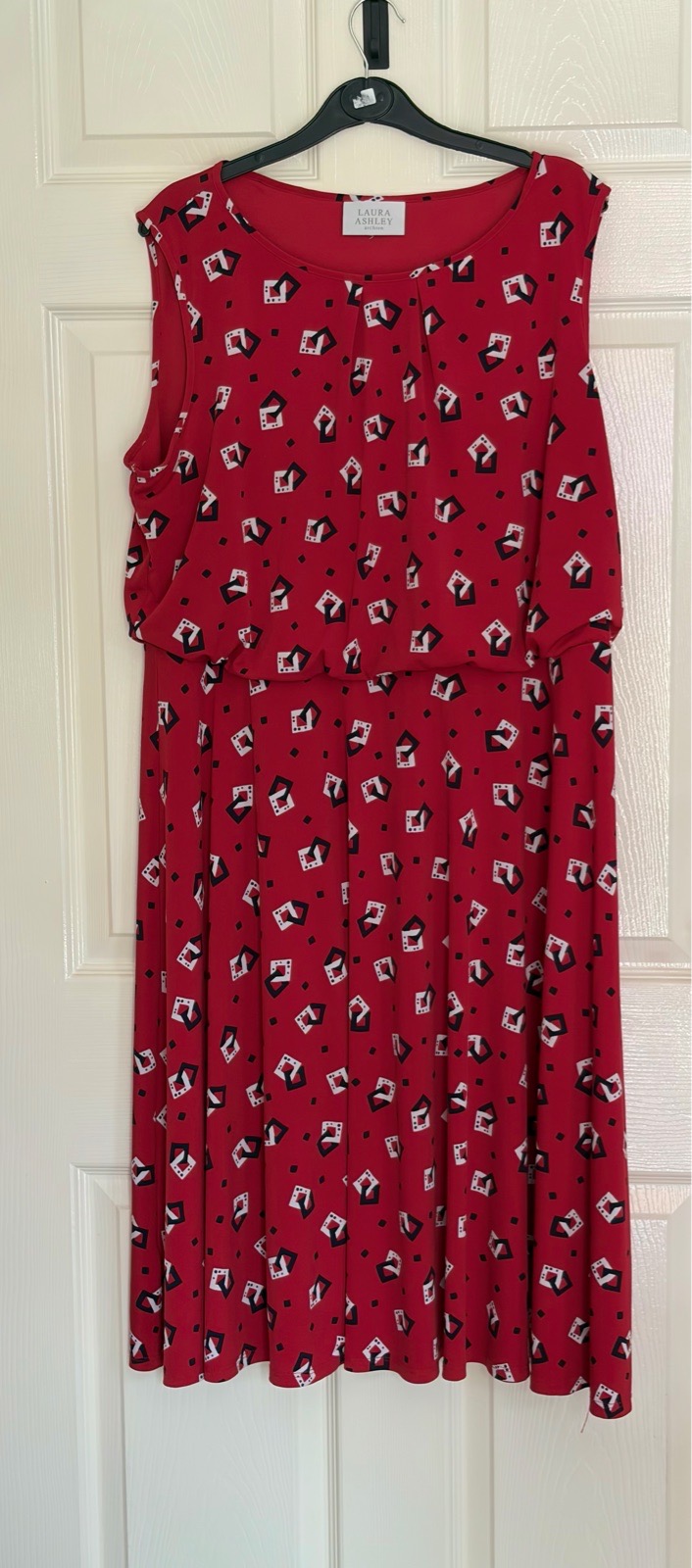 Sleeveless Midi Dress Red Geometric Square Pattern UK 14