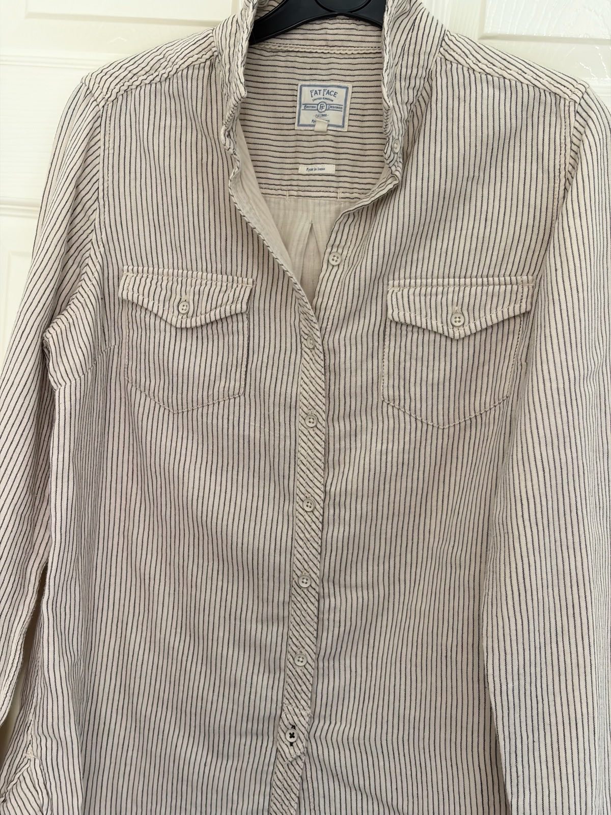 UK 12 Striped Casual Button Down Utility Shirt Ivory FatFace