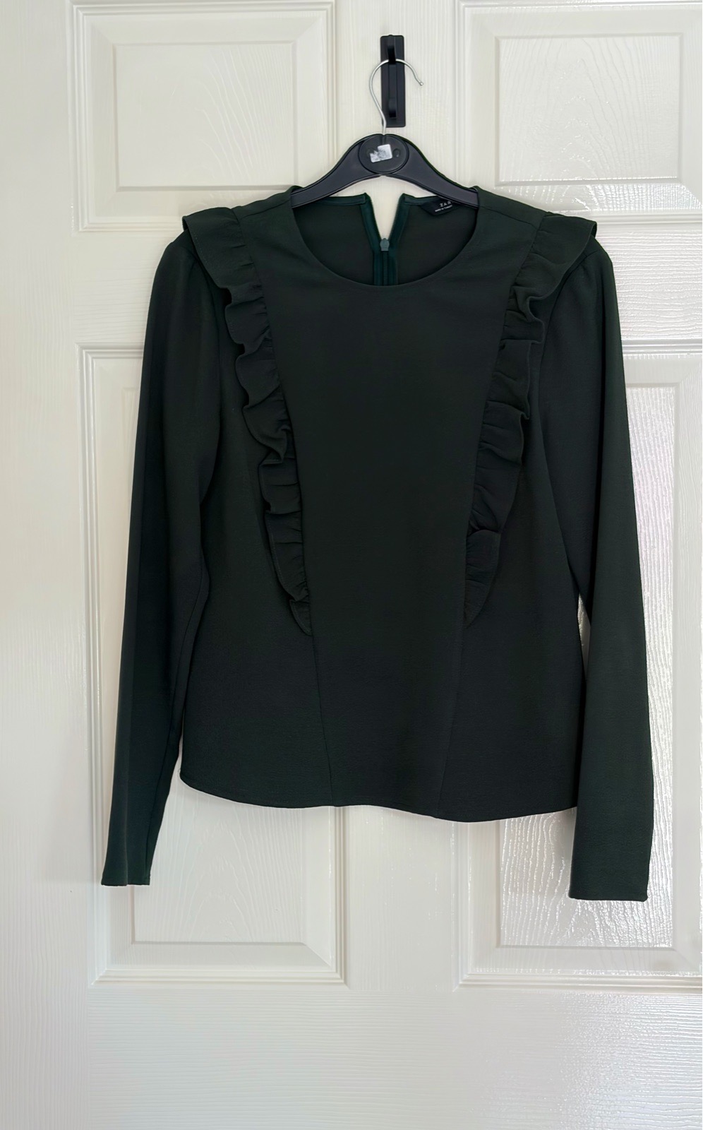Zara Long Sleeve Ruffle Frill Detail Top Dark Green Size Small