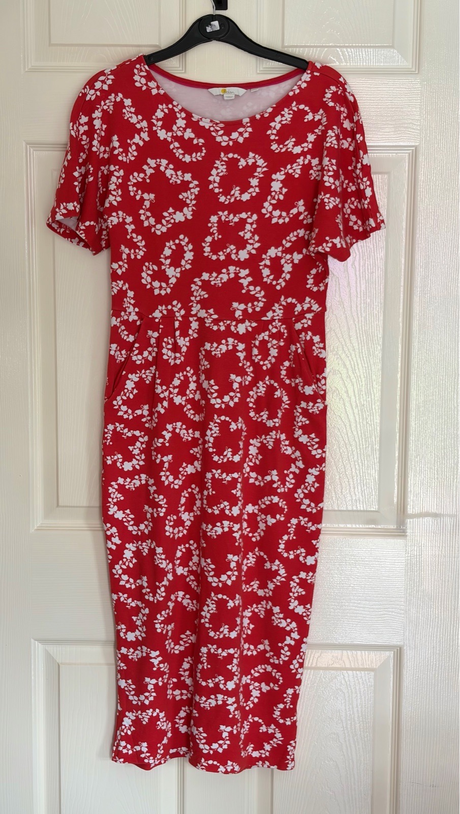UK 10 Jersey Midi Dress Red And White Floral Leaf Pattern Boden