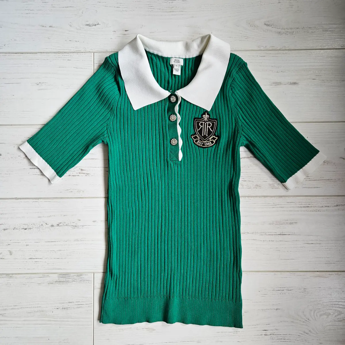 Women's River Island Green & White Polo Style Top - Size 10