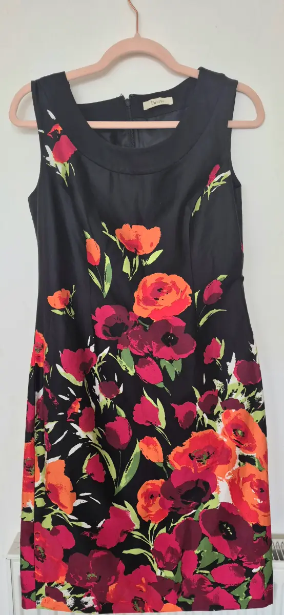 Precis Floral Dress Size 10 Black Orange Magenta Poppy Watercolor Wiggle Dress