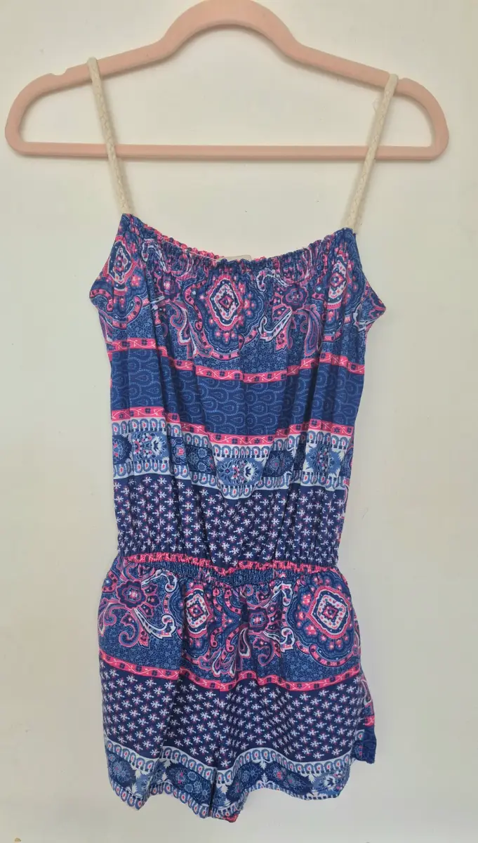 Springfield Boho Paisley Pattern Playsuit Size S Blue Pink Romper With Pockets