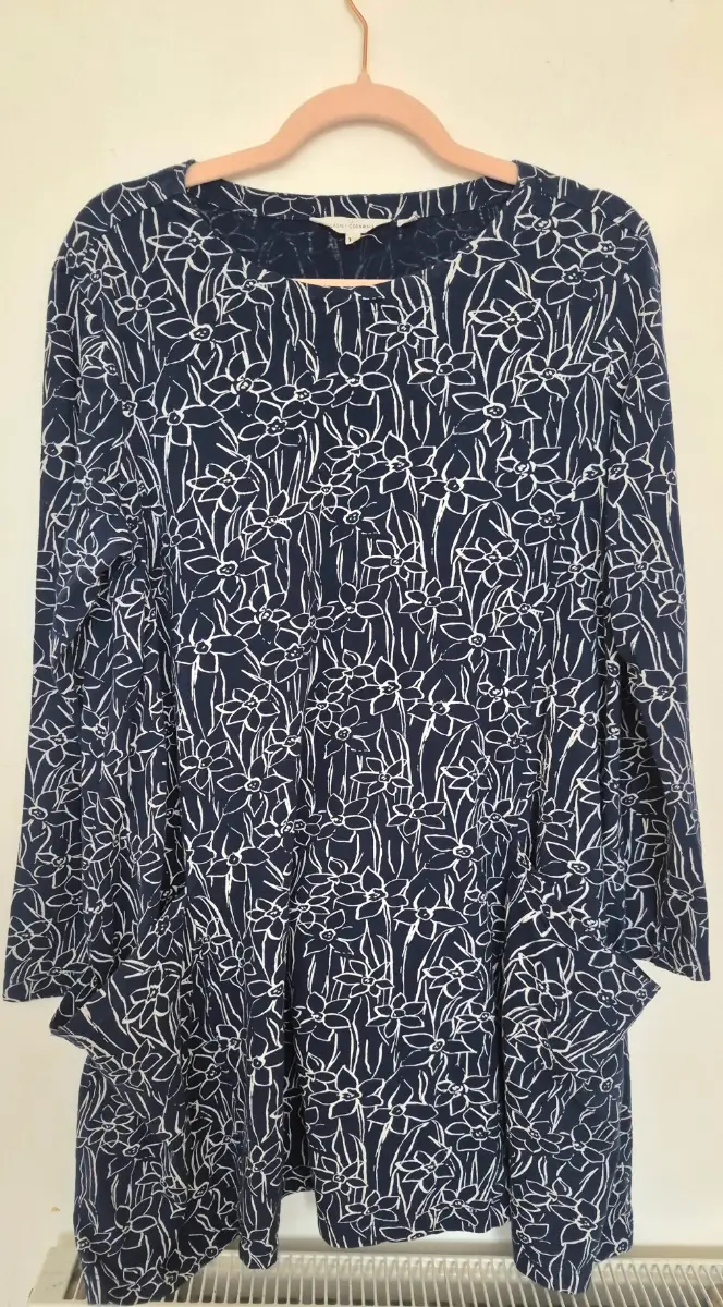 Seasalt Cornwall Clear Light Dress 14 100% Cotton Navy Blue White Floral Line Midi With Pockets