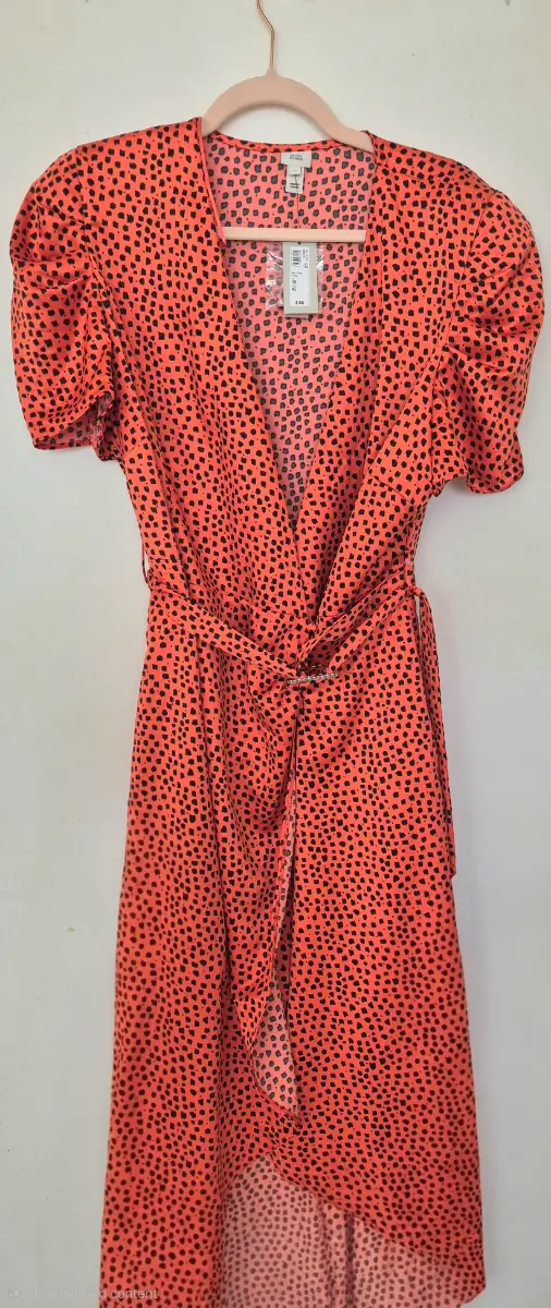 BNWT River Island Red Animal Spot Print Wrap Midi Dress Size 16 Diamante Heart Buckle