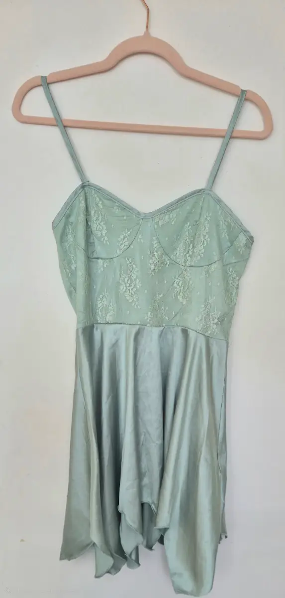 Romwe Sage Mint Green Silk Satin Lace Camisole Dress Nightie S Small Fairy Coquette