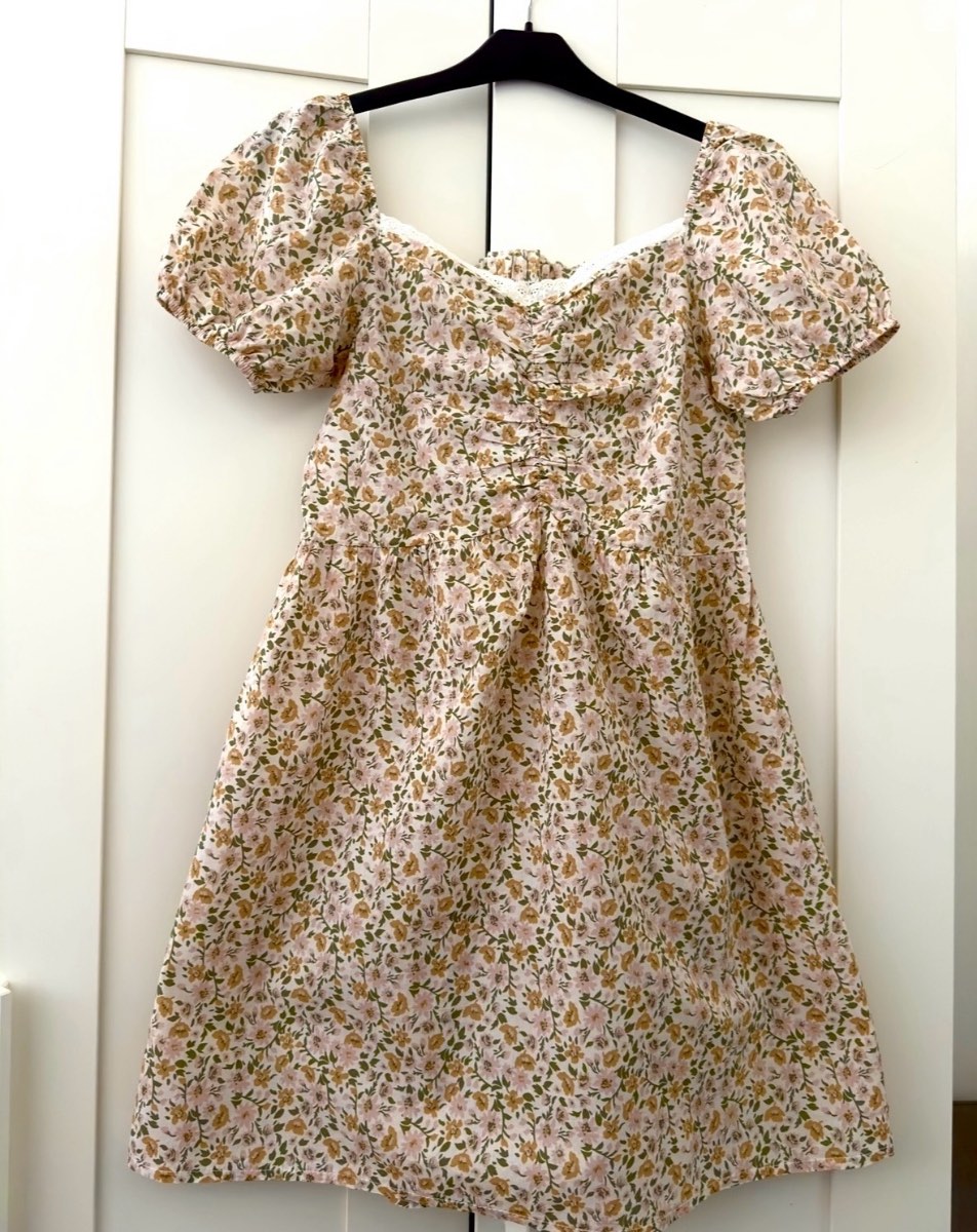 100% cotton cottage core ditsy floral baby doll style fairy core cream and yellow midi dress