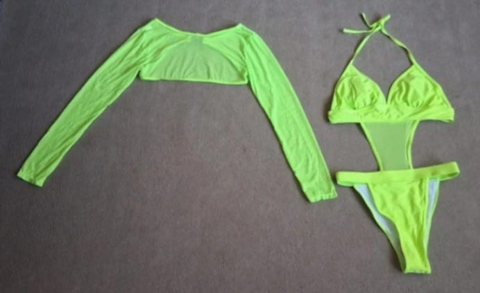 Women's Medium 12-14 Neon Green Swimsuit Bikini With Shrug Crop Top Holiday Club Festival New