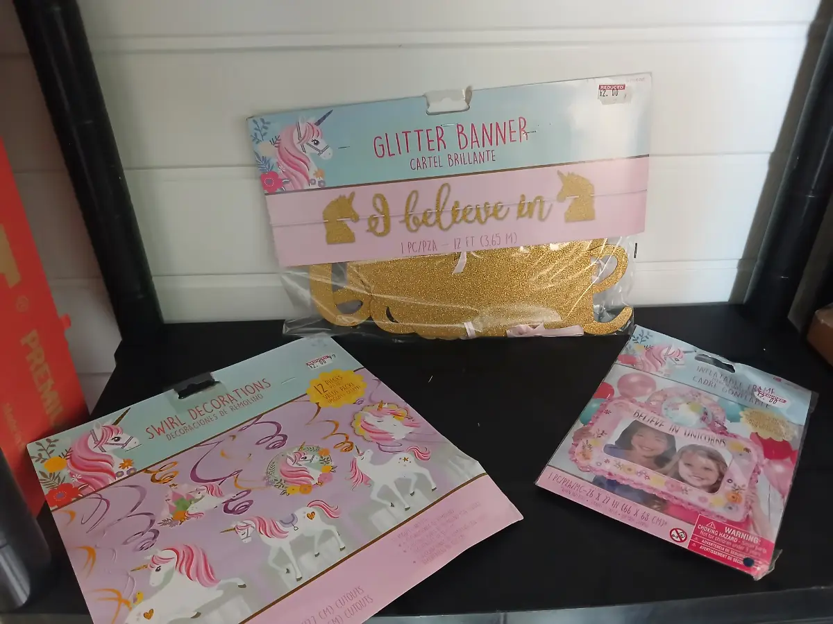 Unicorn birthday party decorations bunting and photo booth props