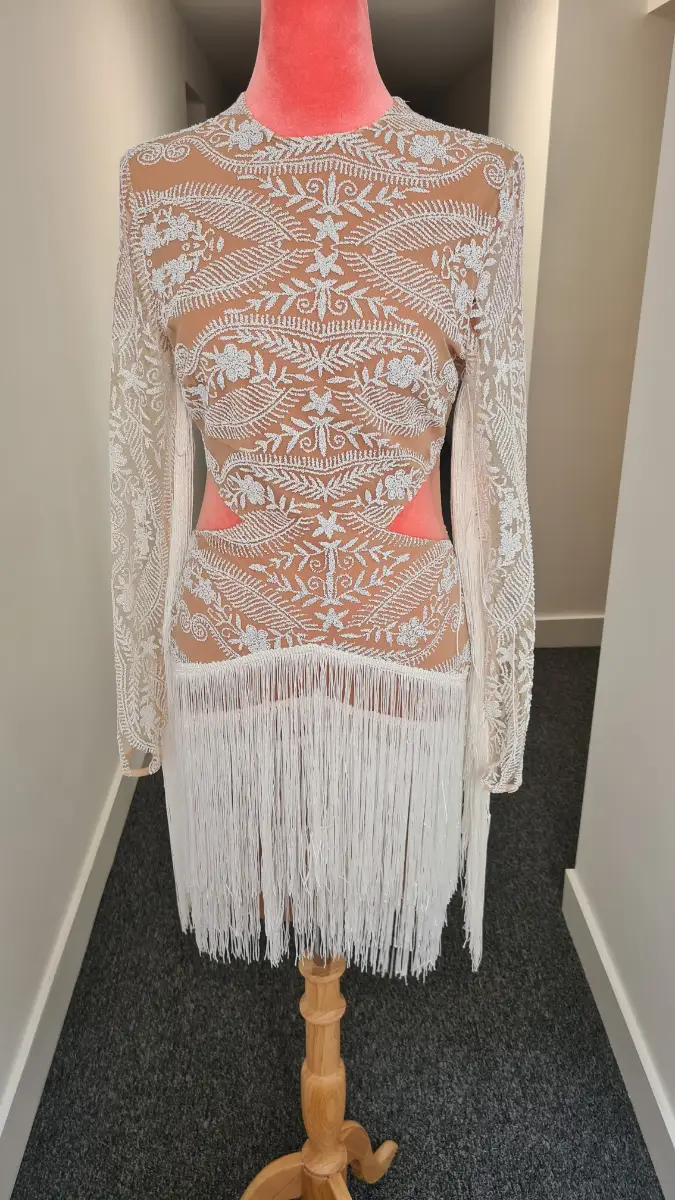 NWOT Mirror Image white long sleeve mini dress tassles irredescent glitter size S