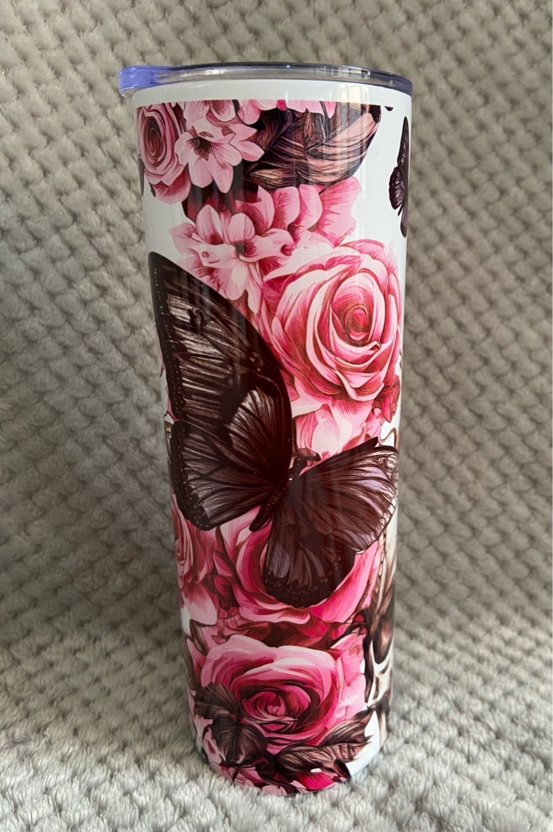 20oz metal tumbler, butterflies roses, and skulls