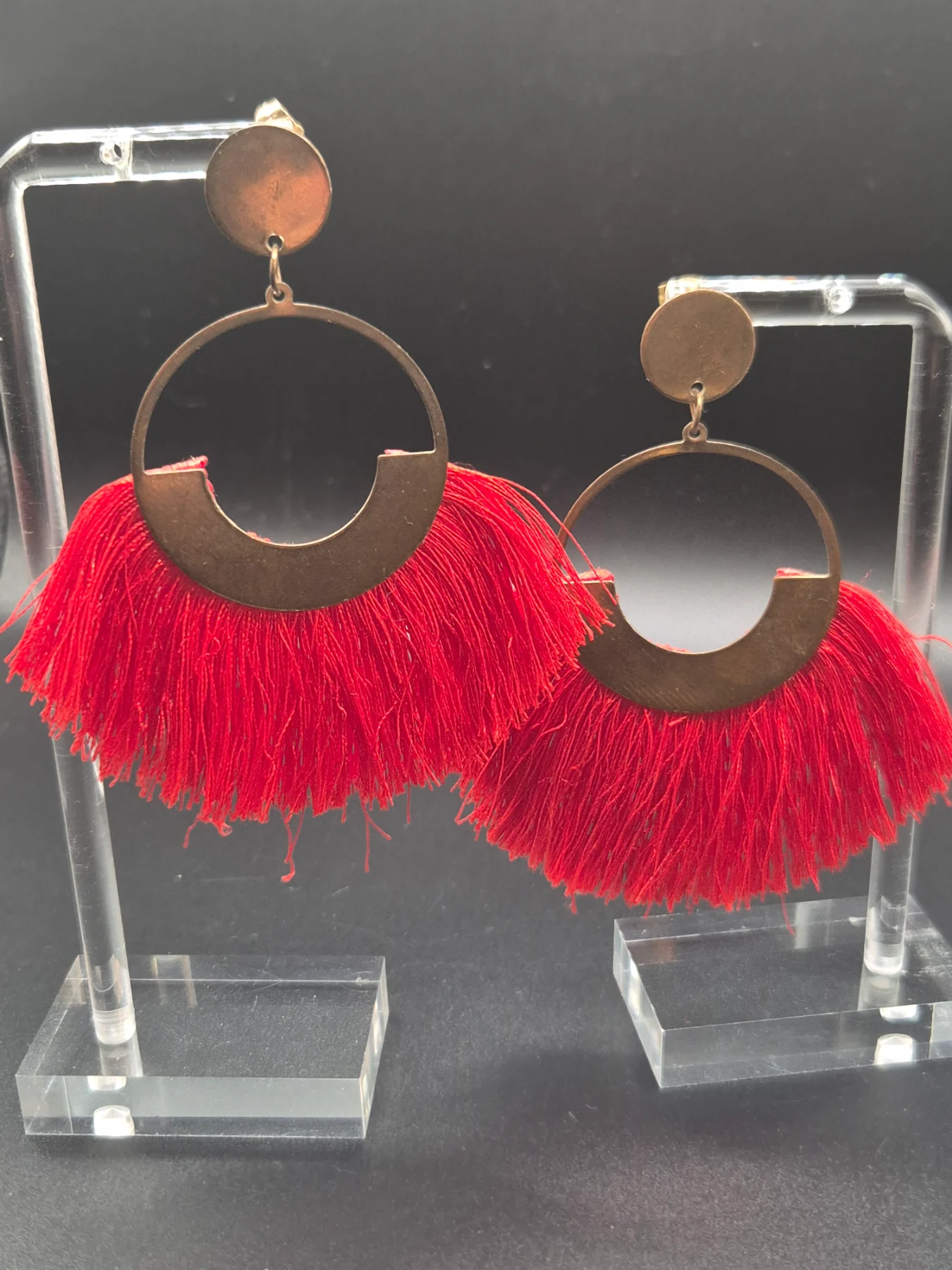 Bohemian Style Red Cotton Tassel Fan Earrings E67