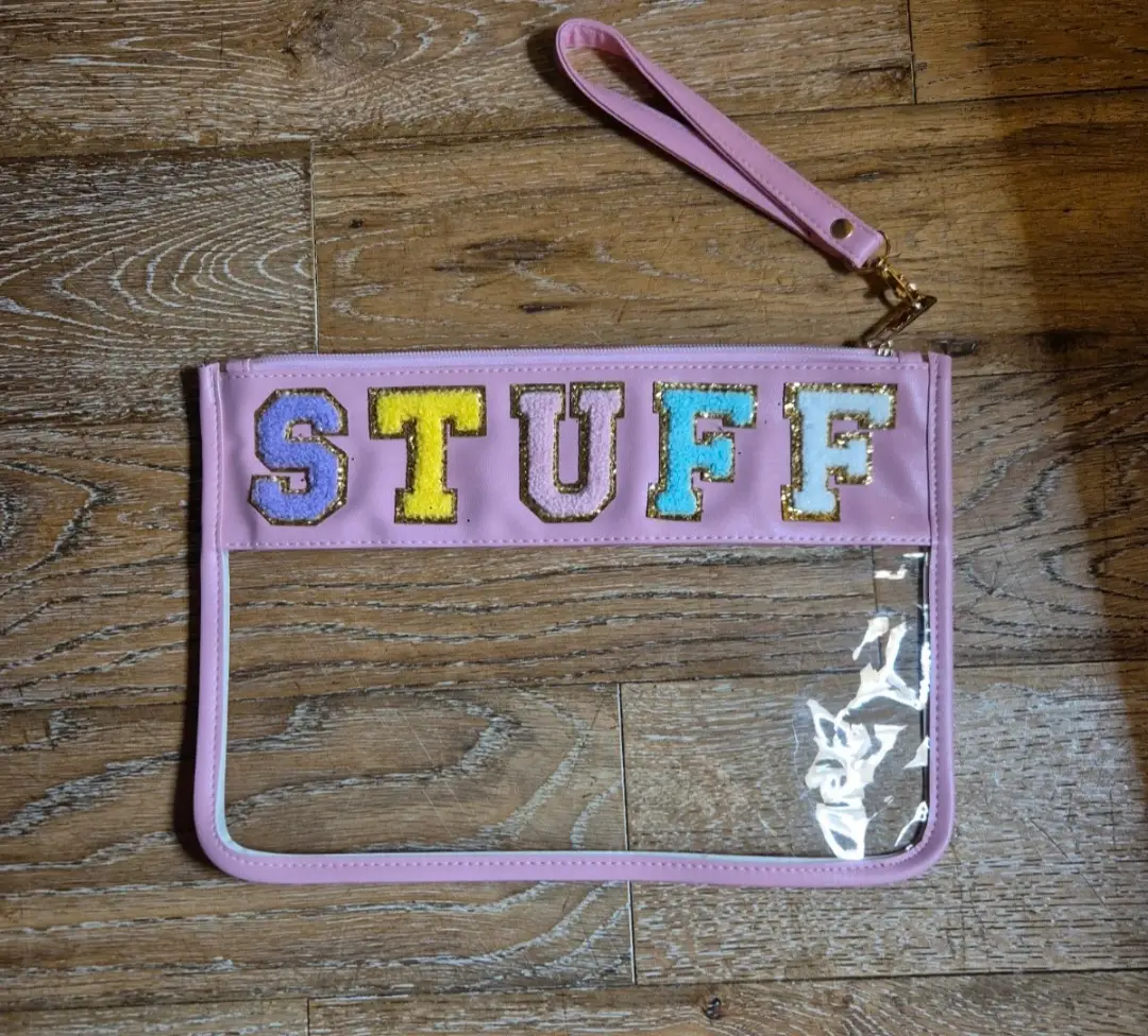 Pink Transparent Toiletries Stuff Bag with Flocked Letters