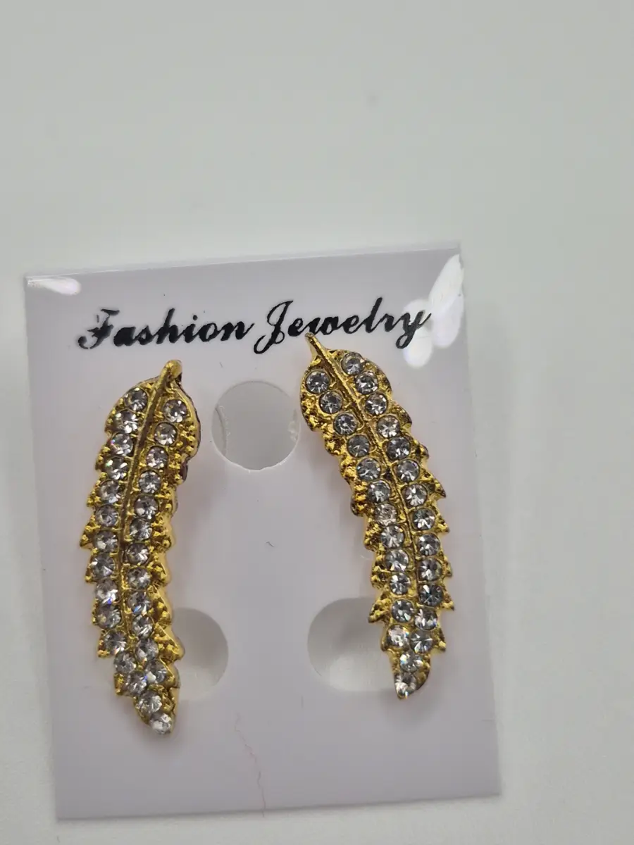 Gold Tone Feather Shape Earrings with Crystals