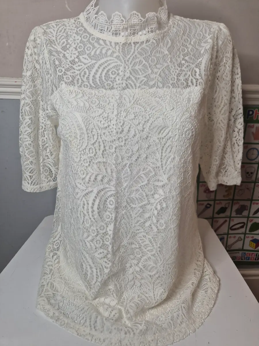 White Lace Detail High Neck Top - Cable and Gauge Size L