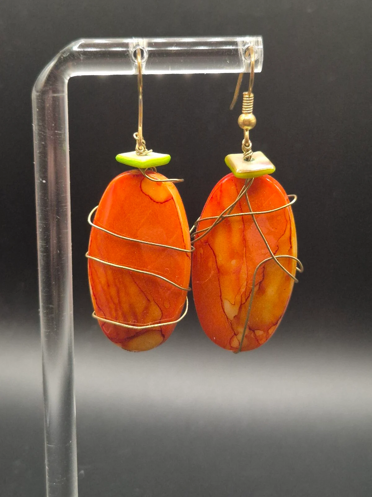Wire Wrapped Orange Oval Bead and Green Lid Earrings E62