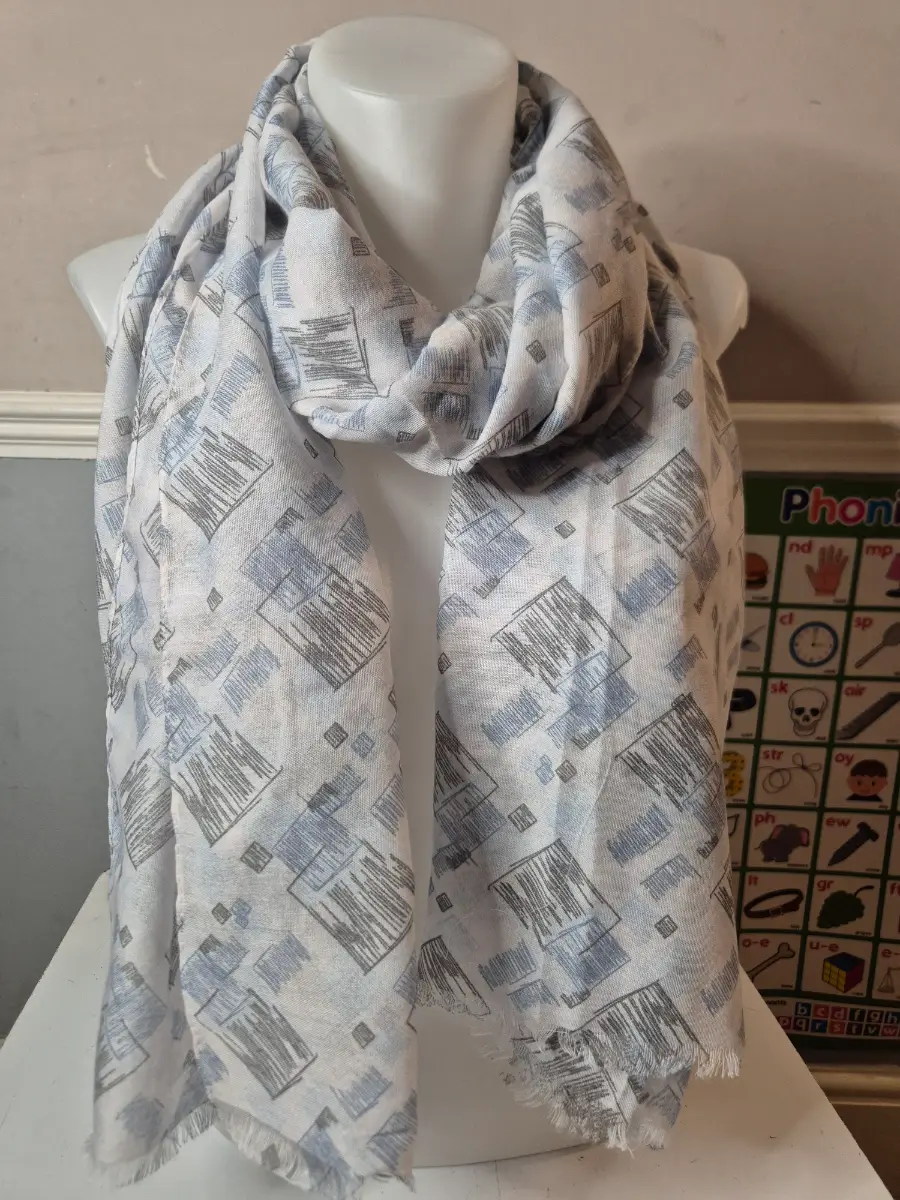 White Casual Scarf with Scribbled Box Pattern