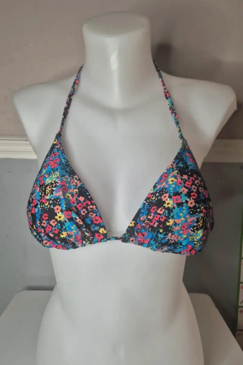 Black Floral Pattern Tie Back Halterneck Bikini Top - Miss Selfridge Size 12