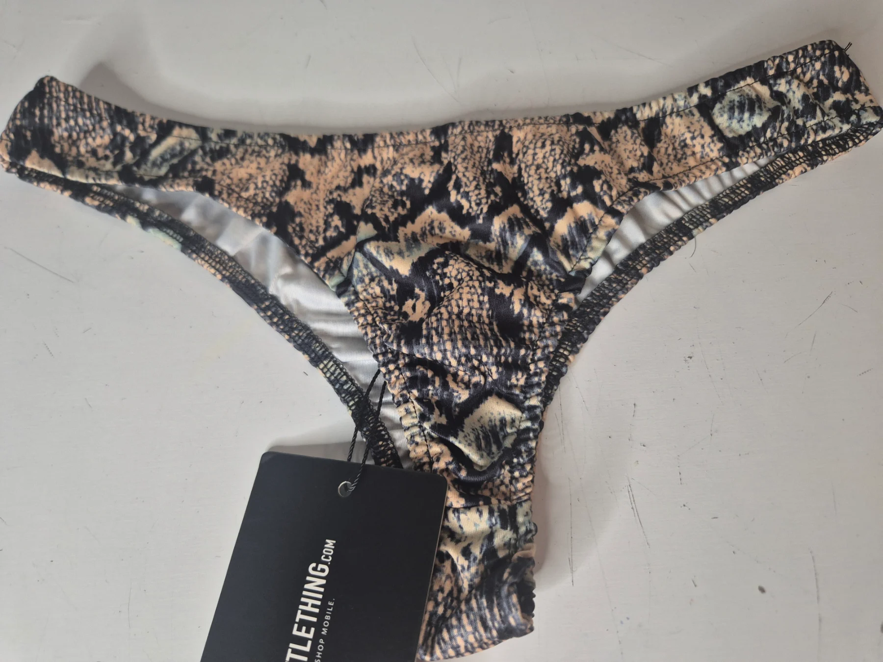 Brown Snakeskin Print Hi-Leg Bikini Bottom Thong - PLT Size 12