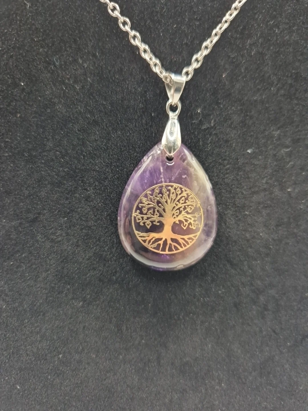Teardrop Purple Stone Tree of Life Pendant on Silver Chain Necklace