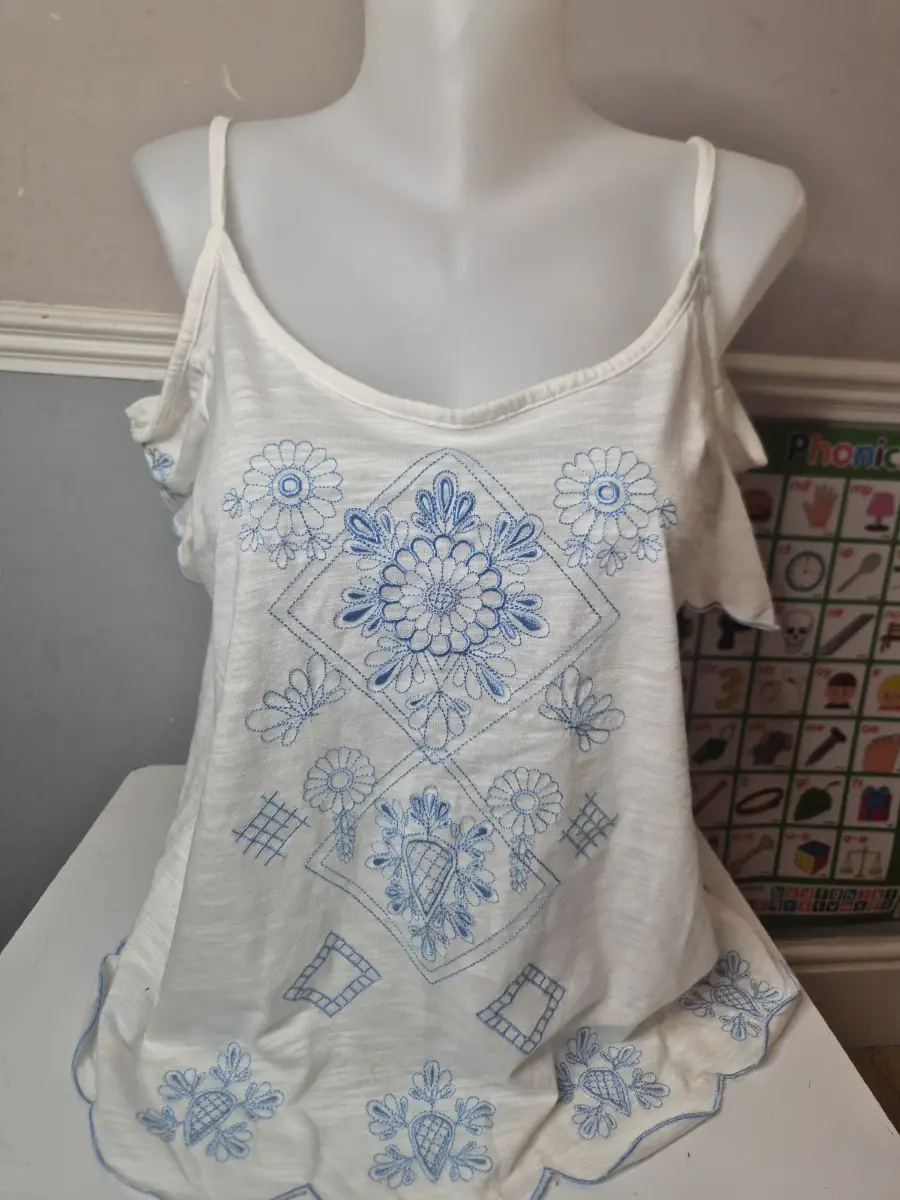 Scalloped Hem White Cold Shoulder Top with Blue Embroidered Flowers - fits 16