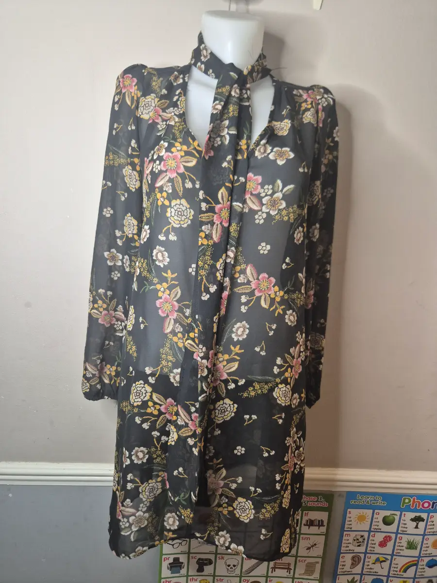 Sheer Black Floral Blouse with Tie Neck Detail - fits up to 16