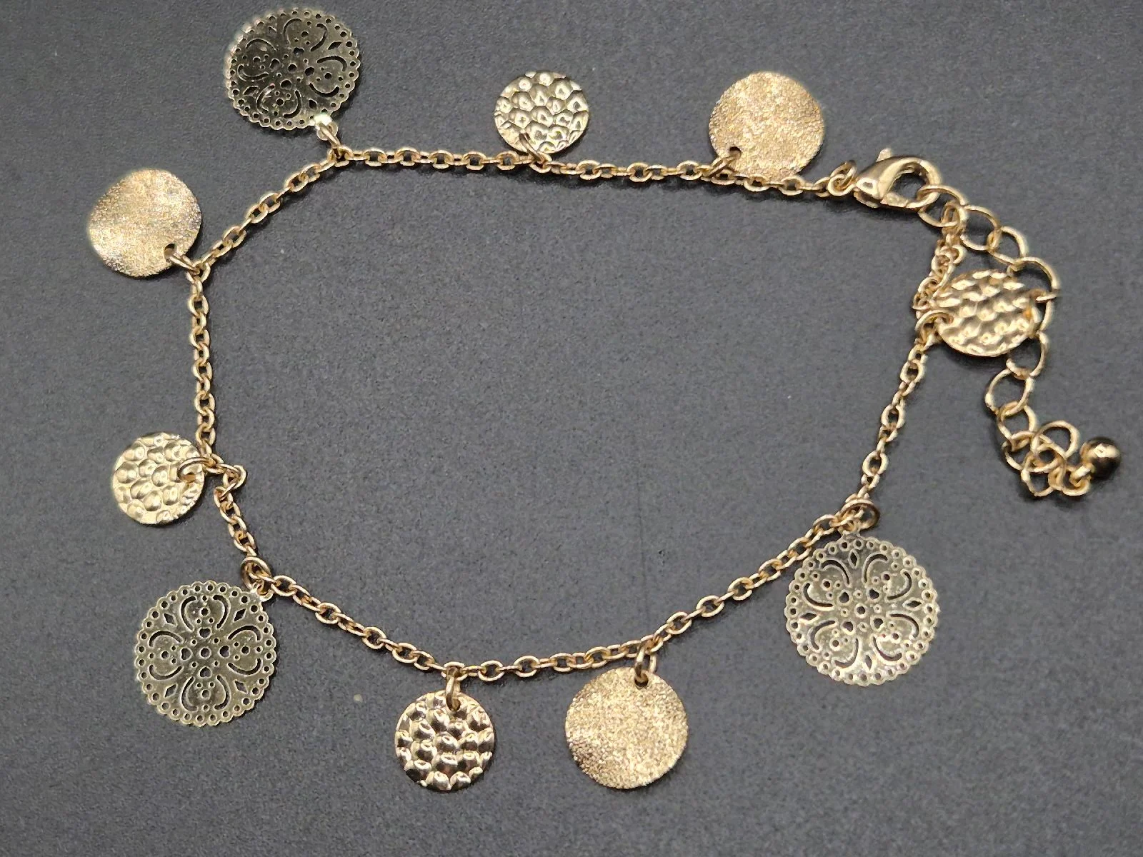 Coin Charm Bracelet with Filigree Hammered and Glitter Textured Designs B87
