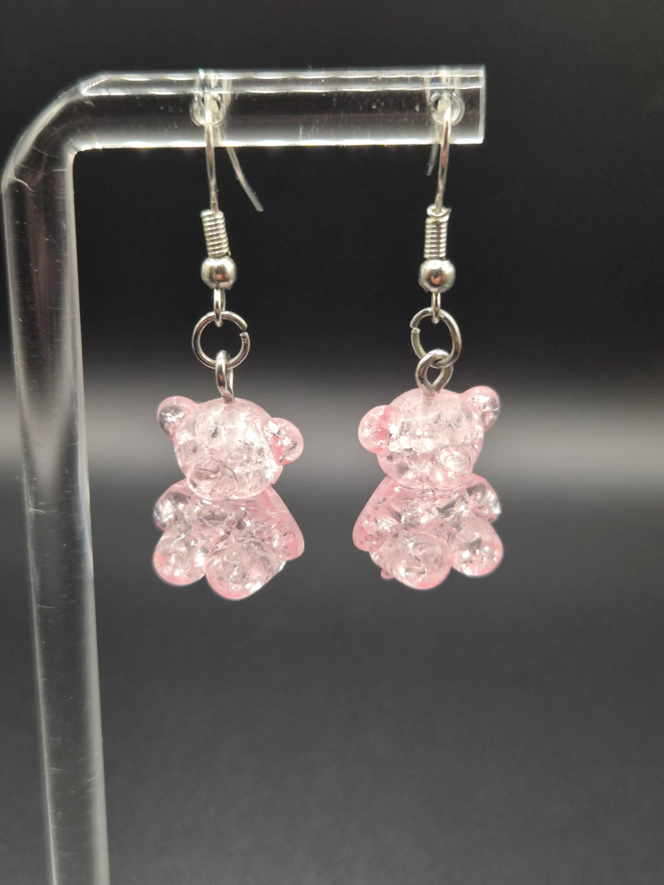 Cute Handmade Pink Crackle Effect Bear Charm Earrings E48