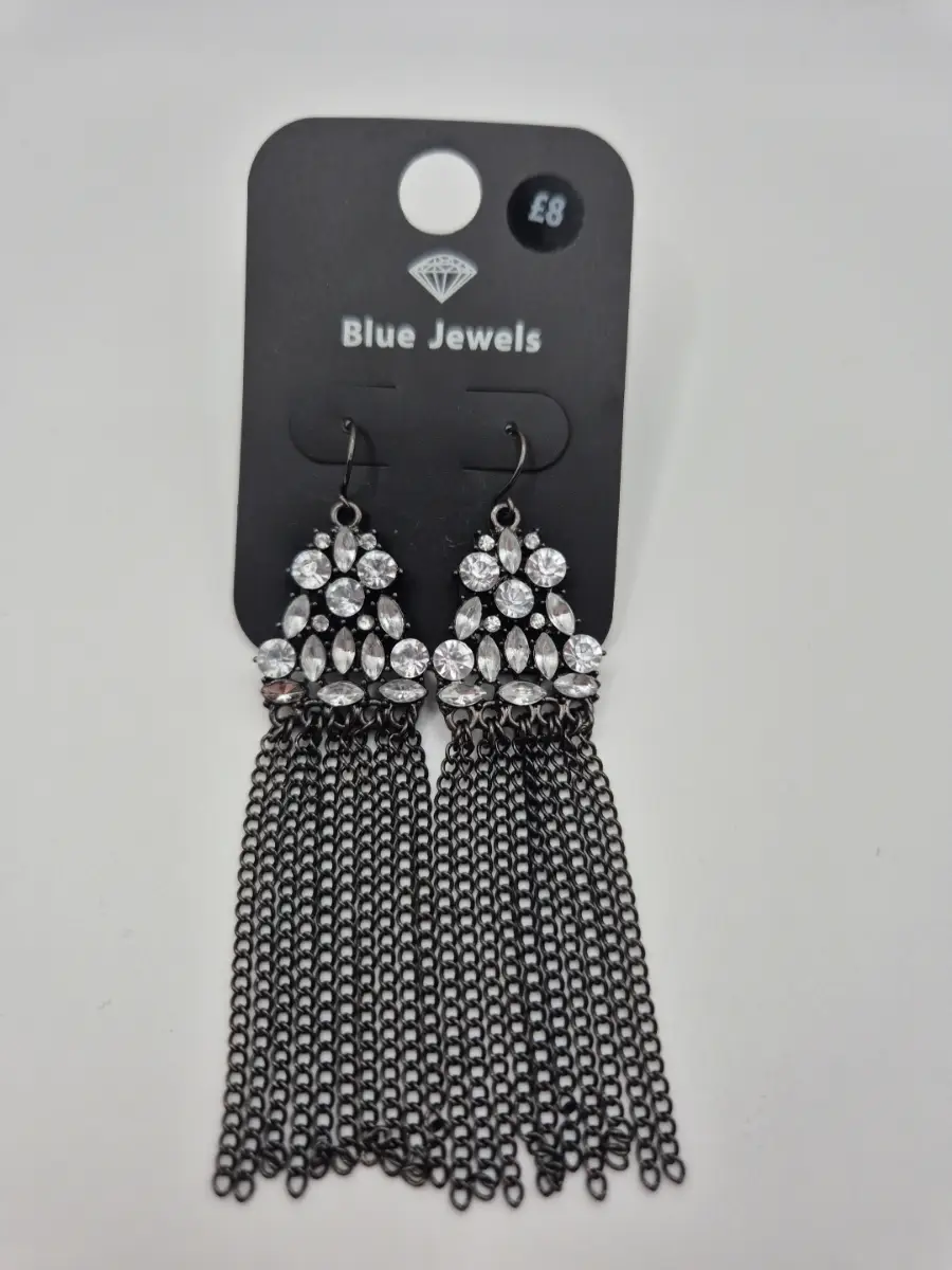 Black Chandelier Tassel Earrings with Clear Stones