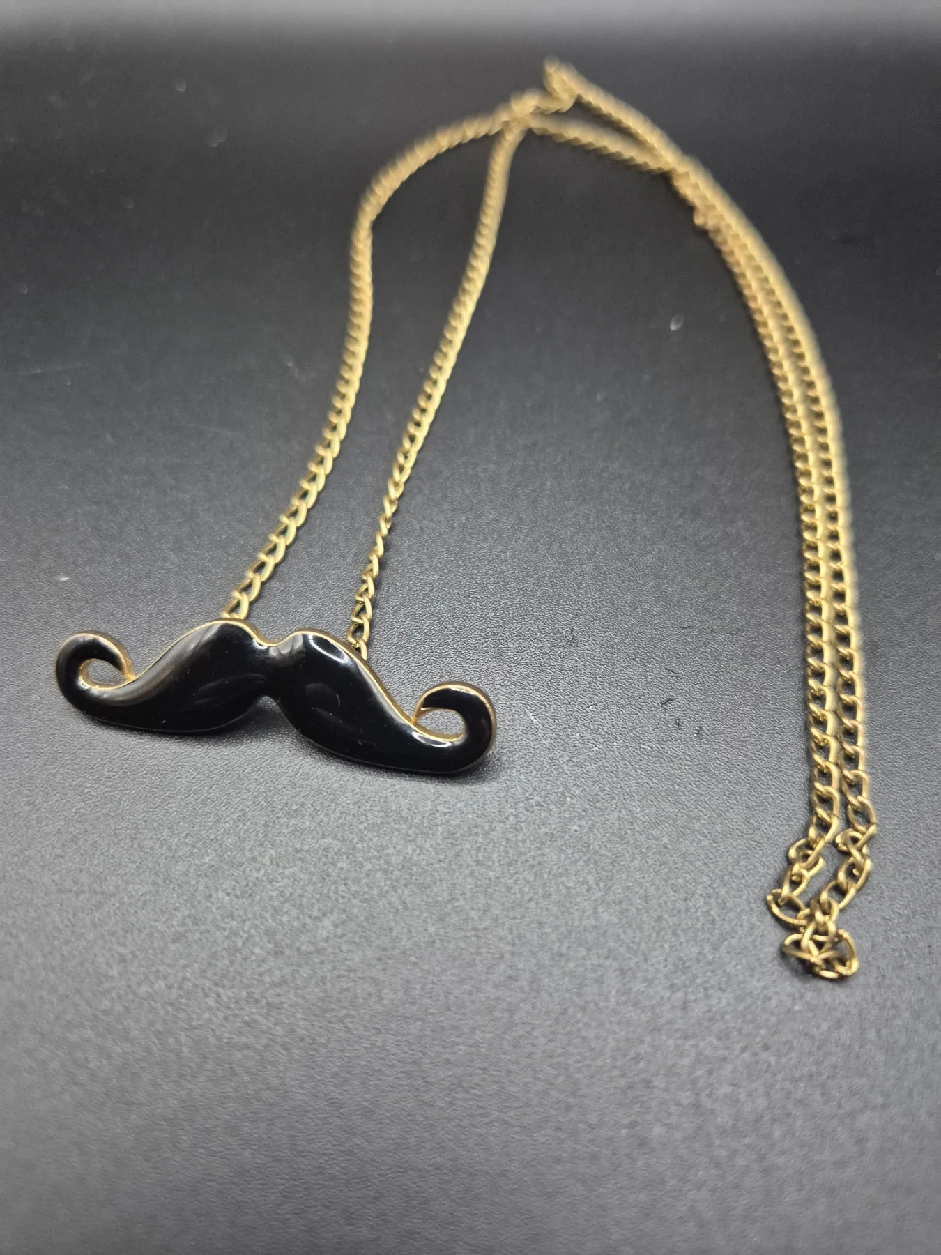 Quirky Black Enamel Moustache Charm on Gold Tone Chain N193