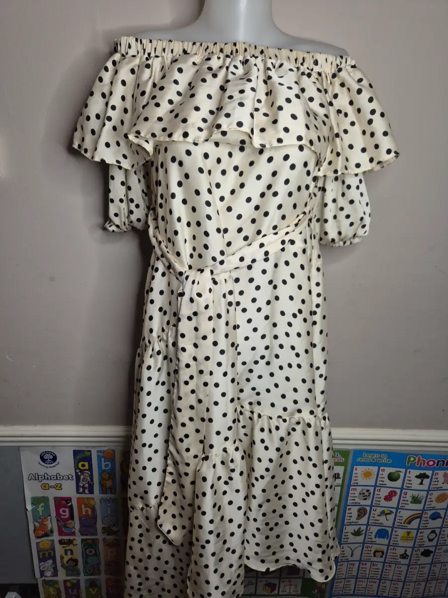 Cream and Black Polka Dotted Bardot Dress - Topshop Size 10