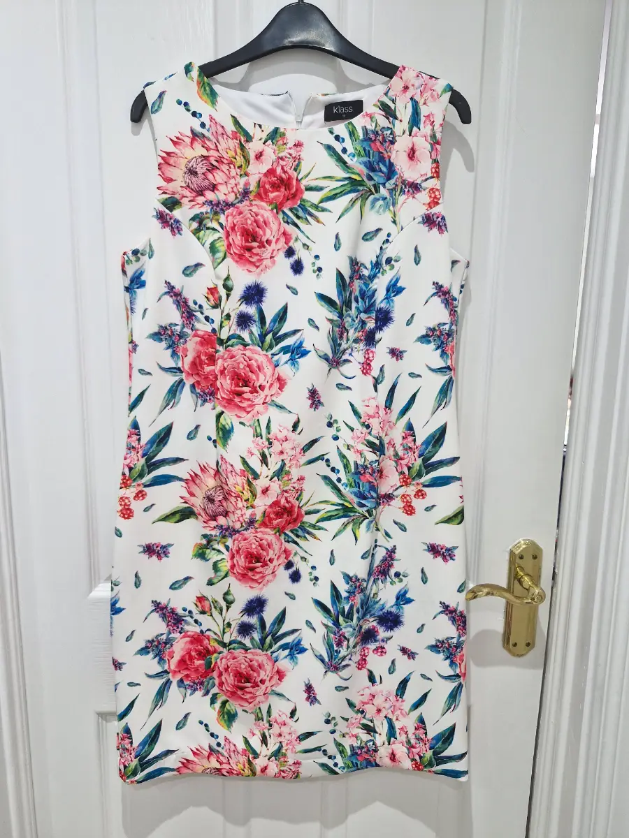 Klass ..Floral Print Dress White Pink ..Size 12uk..Exc Cond