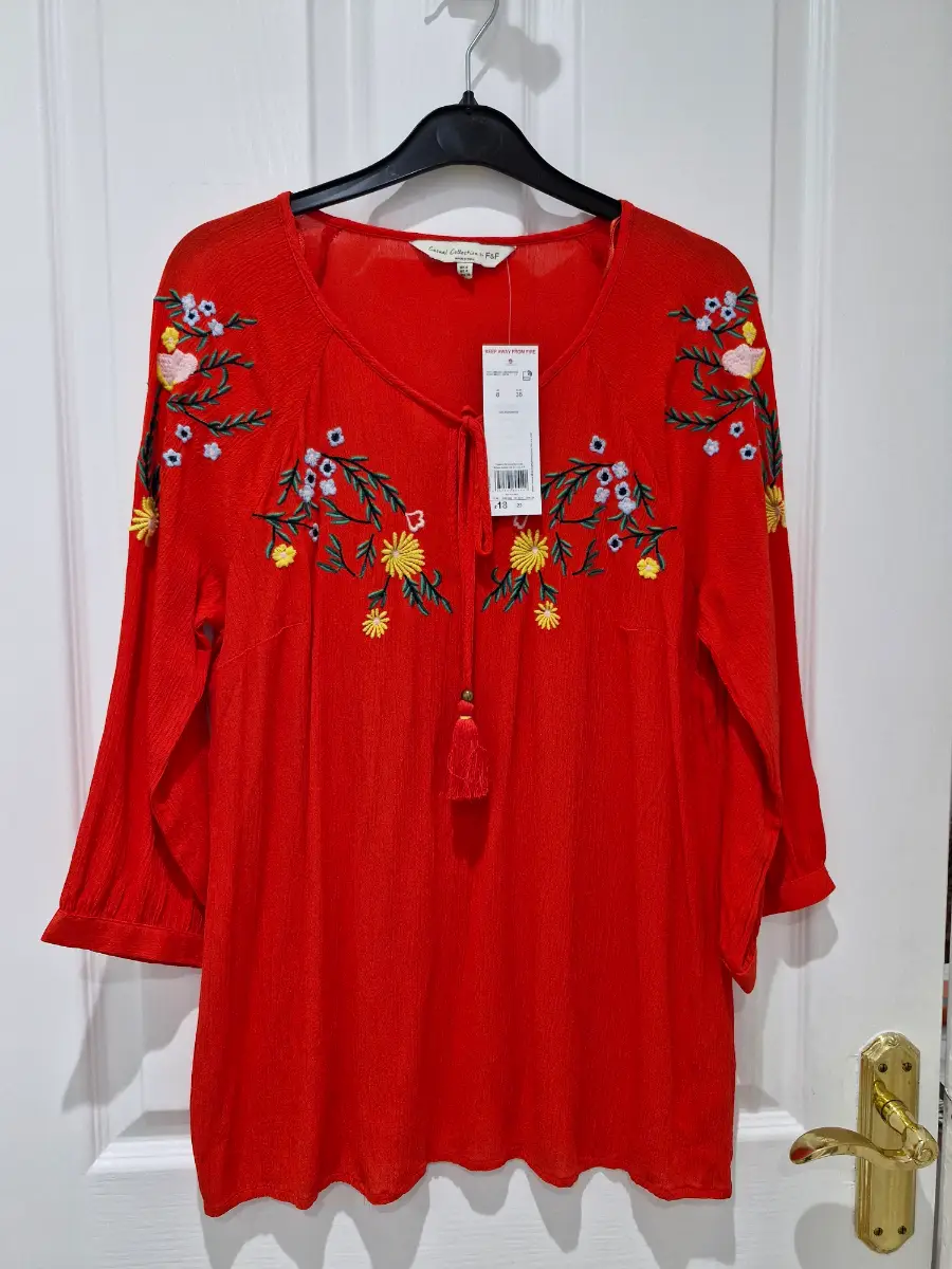 F&F ..Tomato Red Floral Embroidery Tassel Tie Blouse..Size S10uk  NWT